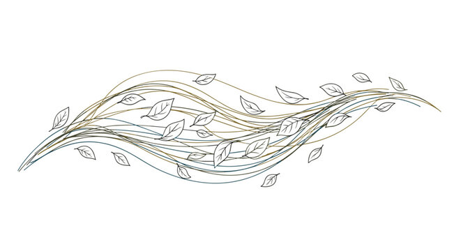 Abstract drawing of fine lines and green leaves depicting a gentle wind blowing across a clean white space for natural design.