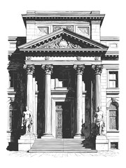 Naklejka premium grand neoclassical building entrance with columns, statues, and ornate architectural elements sketch engraving generative ai fictional character raster illustration. Scratch board. Black and white.