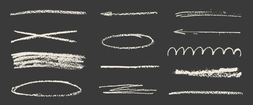 White chalk underlines. Brush stroke pencil dividers lines set. Hand drawn textured oval, streak, emphasis elements on blackboard. Scribble uneven rough arrow, scribble highlights. Vector text marks.