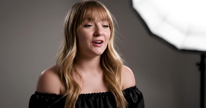 Young blonde woman talking during interview recording