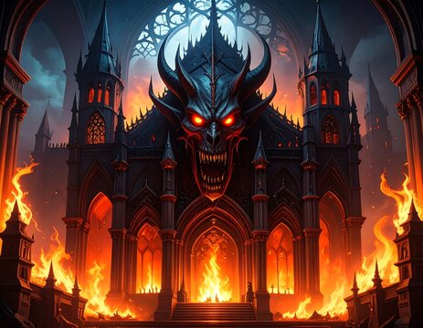 A gothic cathedral-like structure is overtaken by flames, with a demonic face carved into the facade, fiery red eyes ablaze