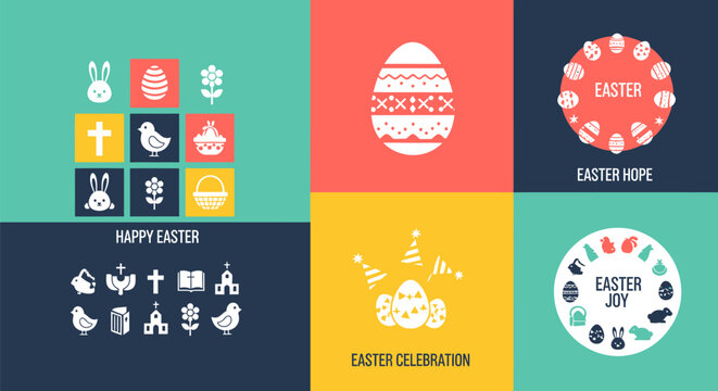 Easter icons and symbols in colorful squares easter celebration and joy
