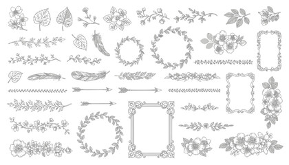 Elegant Floral Vector Ornaments Collection &ndash; Hand-Drawn Wreaths, Frames, Arrows, Feathers, Leaves, Borders, Vintage Sketch Elements for Invitations, Scrapbooking, Design Projects, Decorative Vector As