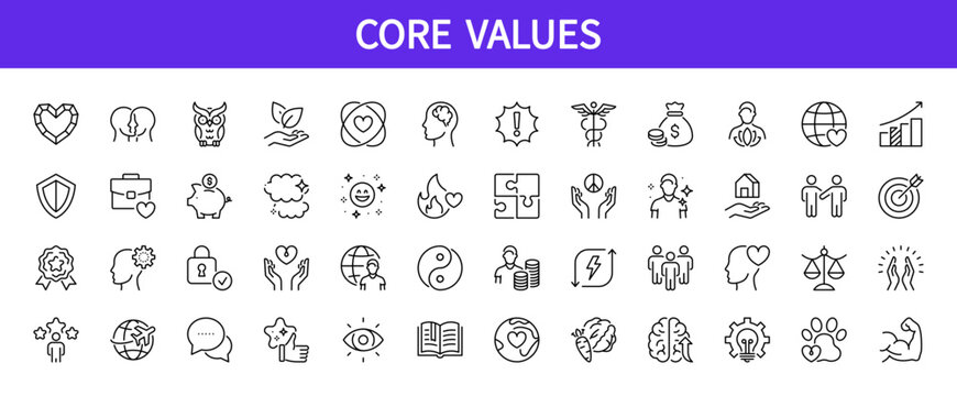 Core values line icon set. Development, relationship, health, growth, goal, faith, education, joy, empathy, etc. Isolated on a white background. Vector illustration. Editable stroke. Flat design.