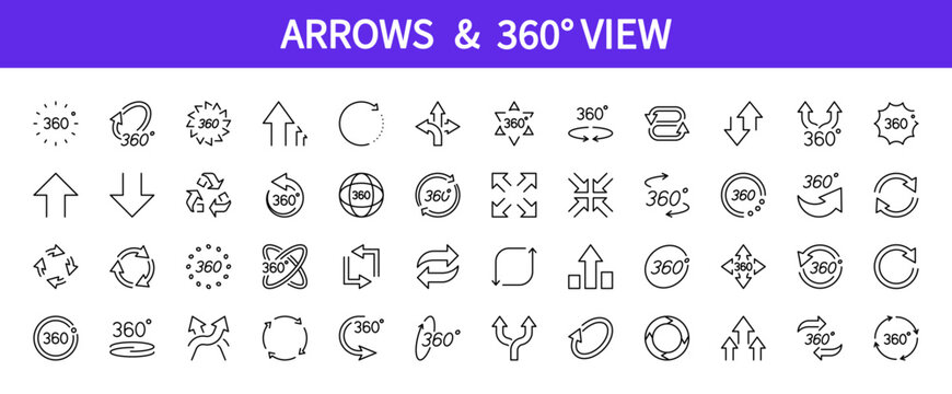 Arrows & 360 view line icon set. Different shapes and variations. Sign arrow down, up, left, right. Isolated on a white background. Vector illustration. Editable stroke. Flat design.