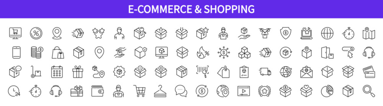 E-commerce & Shopping line icon set. Sale, discount, customer, retail, trolley, cart, supermarket, wallet, paying, store, etc. Isolated on a white background. Vector illustration. Editable stroke.