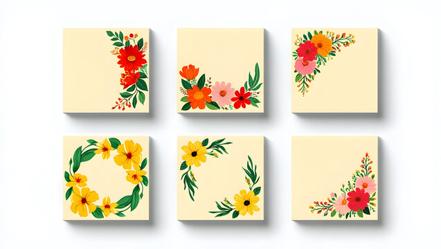 A collection of six square blank cards or sticky notes featuring various cheerful floral corner and wreath designs.