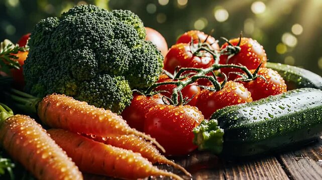 Fresh Vegetables on Wooden Surface - A variety of fresh vegetables including broccoli, carrots, tomatoes, and zucchini are displayed on a rustic wooden surface.