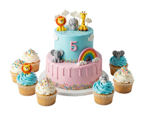 Birthday cake with animal toppers celebration party sweet treats isolated on transparent background