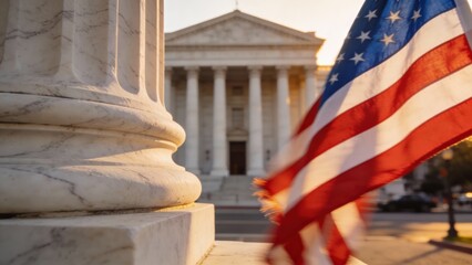 Naklejka premium Vivid Depiction Of Patriotic Symbol Near Ancient Judicial Building In Sunlight, Dynamic Scene Illustrating National Pride With Historic Court And Flag Amid Bright Sunlit Surroundings
