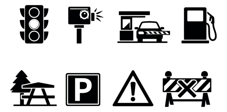 Solid icon road and travel set featuring traffic light, speed camera, toll booth, gas pump, and parking sign for navigation and safety