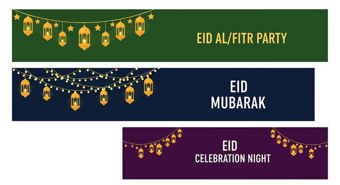 Eid mubarak celebration banners with lanterns and lights for eid al fitr party