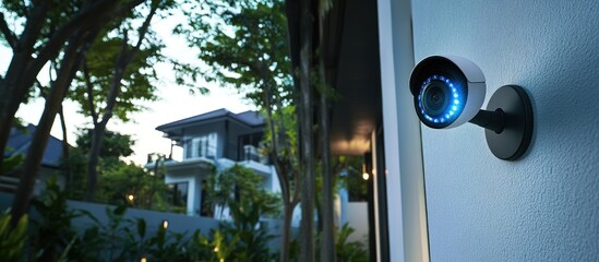 Modern surveillance camera mounted on a building exterior for security purposes and monitoring outdoor activity