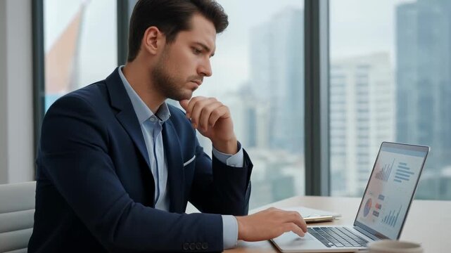 Businessman man in office with laptop analyzing financial chart analytics report, focused professionalism and concentration with city skyline view