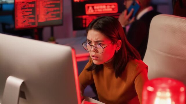 Young female programmer wearing eyeglasses defending IT company security system during cyberattack, her colleague talking on phone in background