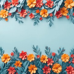 Obraz premium Beautiful paper-cut orange and red flowers with green leaves framing a serene light blue background