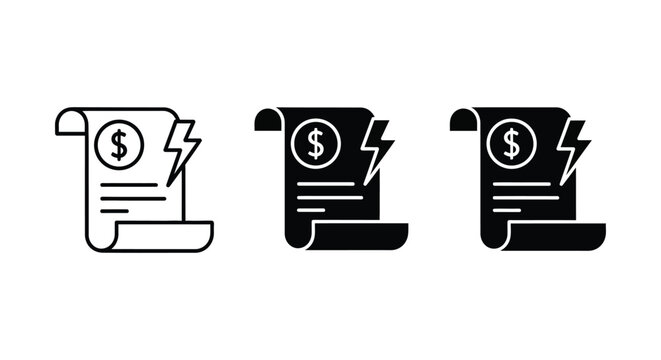 Set of three electricity bill payment icons representing money and energy costs variations