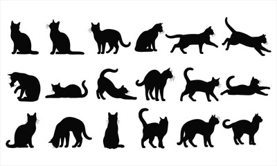 Obraz premium Black Cat Silhouette Vector Set, Collection of Cat Poses and Actions, Domestic Pet Animal Illustrations for Design and Decoration