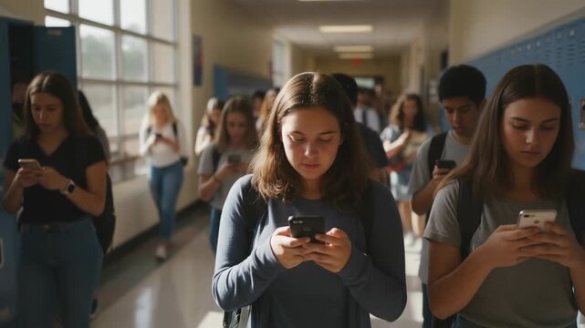 Teen students walking in high school hallway using smartphone with backpacks and lockers while teenage student focused on phone peers scrolling phones