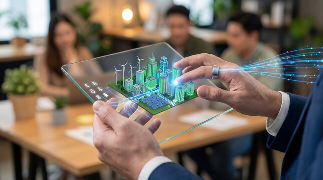 Business professional presents an interactive smart city hologram on a transparent tablet, showing renewable energy, digital infrastructure, and sustainable urban planning.