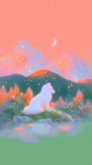 Fototapeta premium Dreamy wolf under crescent moon mobile wallpaper