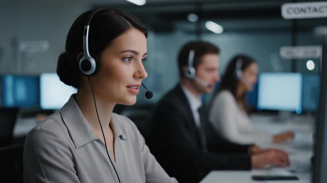 Friendly female call center agent headset customer service support assisting customer with professional communication and helpful support from office