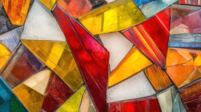 A vibrant abstract mosaic composed of jagged shards of colored glass in red yellow and orange hues