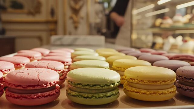 Colorful Macarons on Display - A close-up shot showcases rows of colorful macarons in varying shades of pink, green, yellow, and purple, neatly arranged on a reflective silver surface.