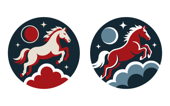 Circular emblem design featuring a galloping horse jumping over clouds and stars. Chinese New Year 2026 Horse Emblem.