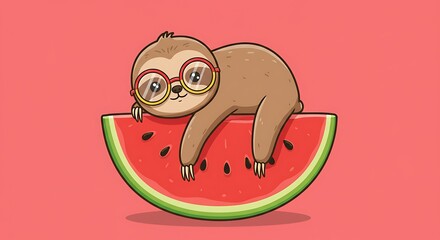 Obraz premium Chill Sloth in Specs - Summertime Watermelon Delight.