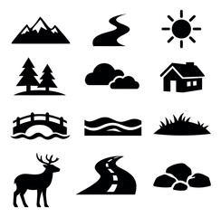 Fototapeta premium Graphic icon landscape elements set featuring various outdoor and nature symbols for environmental and travel themed designs