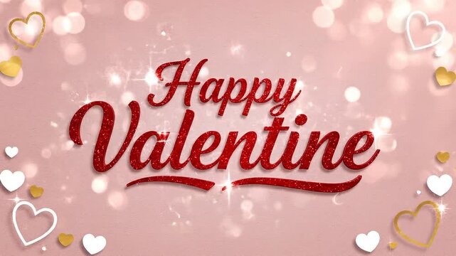 A romantic pink motion graphic displaying "happy valentine" text with sparkling bokeh and floating hearts.