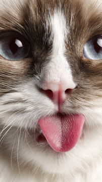 Cute Cat Licking and Showing Tongue in Playful Close Up Studio Portrait