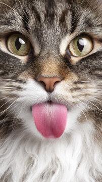Cute Cat Licking and Showing Tongue in Playful Close Up Studio Portrait
