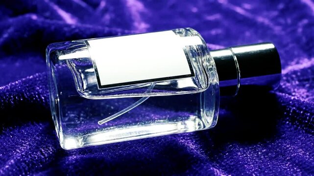 Clear Glass Perfume Bottle Product Shot on Purple Velvet Fabric