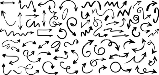 Obraz premium Hand drawn arrow collection in sketch doodle style. Vector scribble brush line icons with rough curved strokes, swirl pointers and directional marker elements.