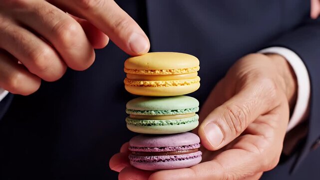 Colorful Macarons Stack - A man is holding a stack of three colorful macarons: yellow, green, and purple.
