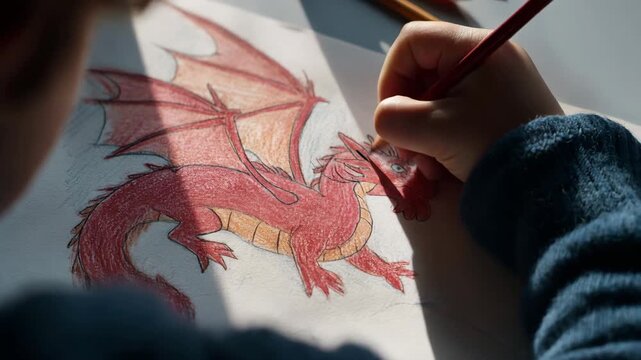 Child drawing red Welsh dragon with colored pencils on paper in cozy indoor setting