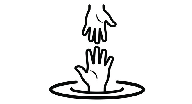 Simple black and white icon illustrating one hand reaching down to help another hand emerge from water