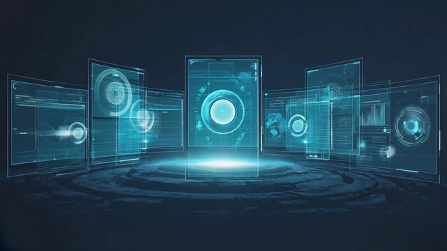 Futuristic holographic interface with glowing blue digital screens and interactive data