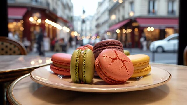 Colorful Macarons in a Paris Cafe - This close-up shot features a plate of vibrant macarons arranged on a cafe table.