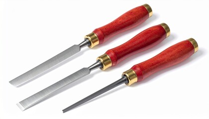 Three Japanese-style chisels with red wooden handles and brass ferrules laid on white surface, blades polished.