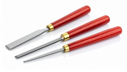 Three Japanese-style chisels with red wooden handles and brass ferrules laid on white surface, blades polished.