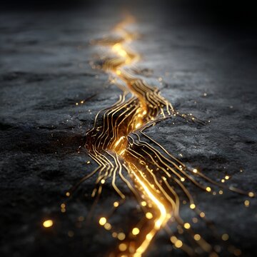 Molten gold circuitry macro photo of liquid gold flowing through abstract crack in dark stone glowing lines futuristic energy technology dramatic lighting innovation
