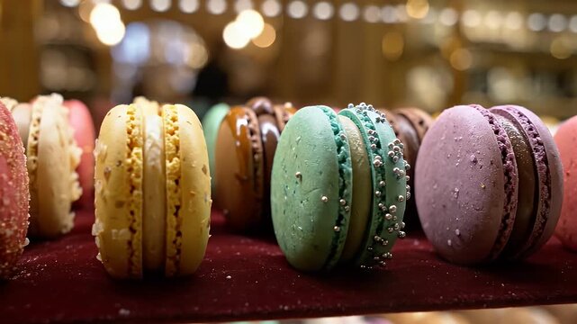 Colorful Macarons Display - A row of colorful macarons are displayed on a red velvet surface in a bakery or pastry shop.