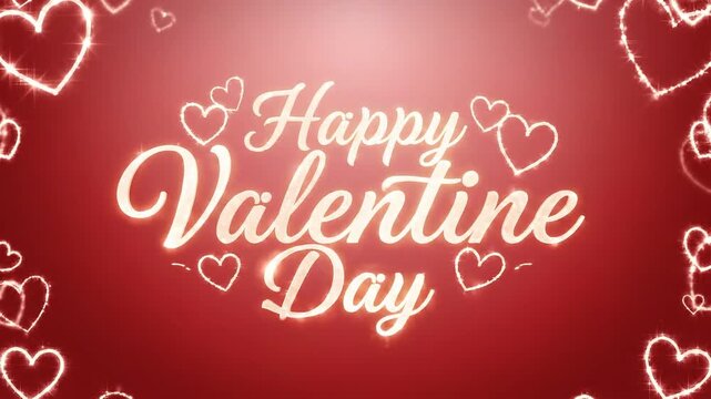 Glowing "happy valentine day" motion graphic text animation on a romantic red gradient background with heart outlines.