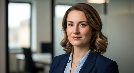 Naklejka premium Professional businesswoman smiling confidently in modern office with natural light