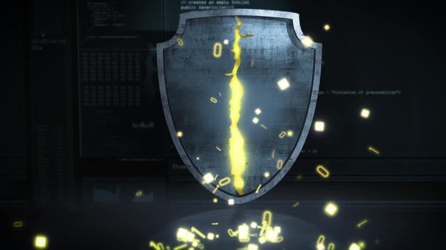 Metallic firewall shield split by a glowing breach line with escaping data symbols, visualizing broken cybersecurity defenses, hacking incidents and digital system compromise