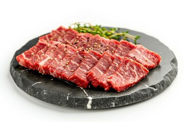 Fototapeta premium Premium Rare Slices sirloin Wagyu A5 beef on stone plate steak slice meat.