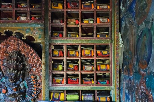 Ancient library in Takthok Tibetan Buddhist monastery, Nyingma tradition, is repository of sacred religious, philosophies manuscripts and texts.